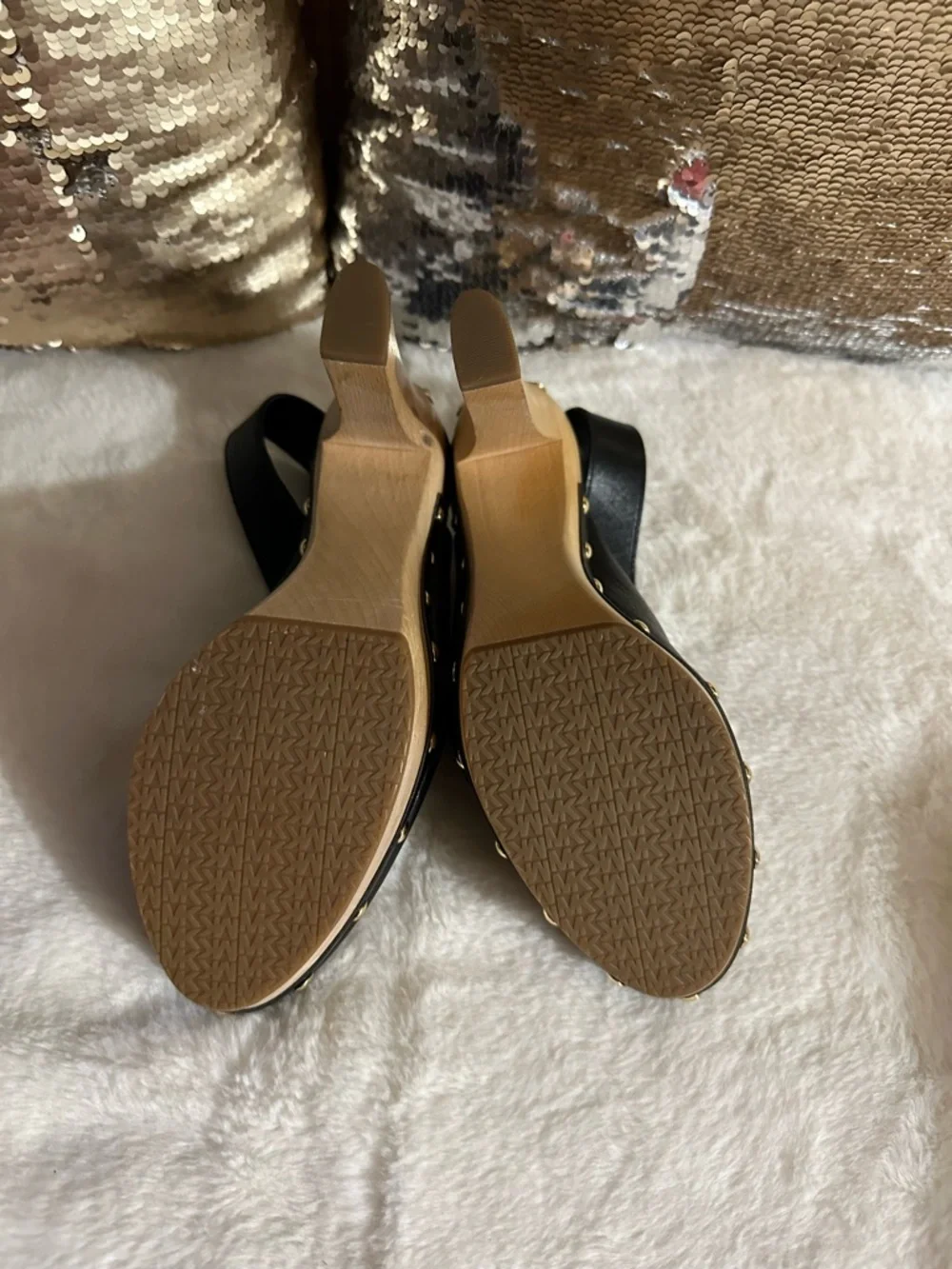 Michael Kors Black Leather Platform Clog Heels with Gold Studs - Picture 10 of 12